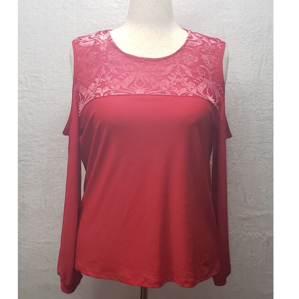 Alison Andrews Whimsigoth Red Velvet Burnout Top XL Cold Shoulder Holiday Chic